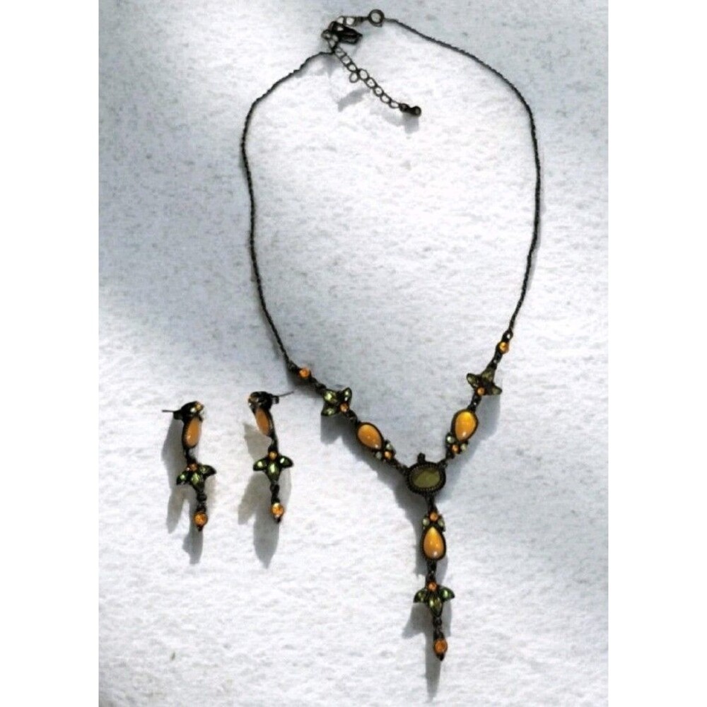Victorian Revival Y Drop Necklace Earrings Green Crystal Amber Faux Stones Set